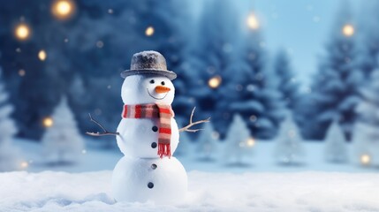 Merry christmas and happy new year greeting card with copy-space.Happy snowman standing in christmas landscape.Snow background.Winter fairytale.- generative AI