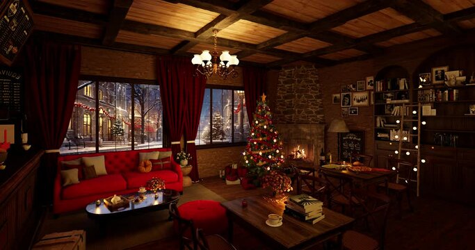 3D Render cozy christmas coffee shop ambience with fireplace, coffee, noel tree, snowing outside, winter holiday season