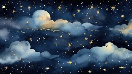 Seamless pattern of the night sky with gold foil constellations stars and clouds watercolor- generative AI