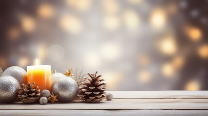 silver Christmas candle on rustic wooden boards - Decoration with natural elements, twigs, pine cones and cookies - First Advent Sunday , Advent banner, panorama with magic bokeh lihgts- generative AI
