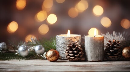 silver Christmas candle on rustic wooden boards - Decoration with natural elements, twigs, pine cones and cookies - First Advent Sunday , Advent banner, panorama with magic bokeh lihgts- generative AI