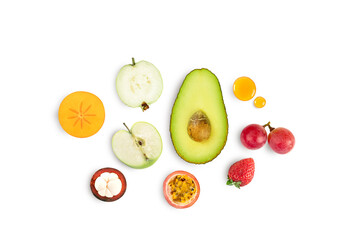 Close up Mixed different fruits collection isolated on white background. Top view