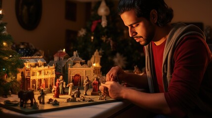 Traditions Rekindled: Man Setting Up an Ornate Nativity Scene in Soft Candlelight- generative AI