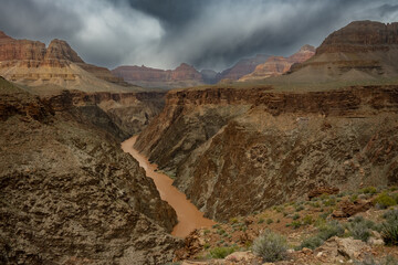 Muddy Colorado River Cuts Through The Grand Canyon Covered In Dark Clouds