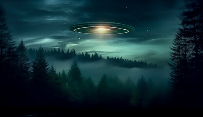 Alien spacecraft is hovering in mountains over the forest at night