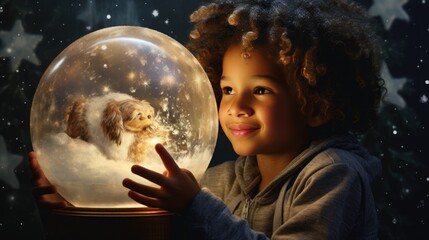 Christmas Euphoria: Child Captured in Awe of a Glistening Snow Globe.- generative AI, fiction Person