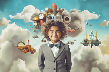 Child’s imagination with think of gear inventions. Happy kid with cardboard imagination on wall. Concept showing of childhood dream about inventions imagination. Generative AI.