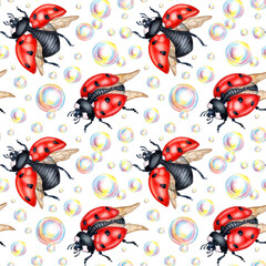 Watercolor illustration of a drawing of red ladybugs with black dots and soap bubbles. Seamless isolated pattern for kitchen, home decor, stationery, wedding invitations and clothing print.