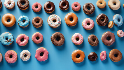 Fototapeta premium Delicious donuts on blue background. Backdrop with copy space