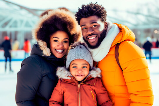 African American couple with daughter enjoying winter day in ice skate center