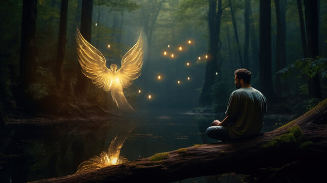 Glowing aethereal angel appearing to a man in the dark mysterious forest. Apparition of a divine being of light.