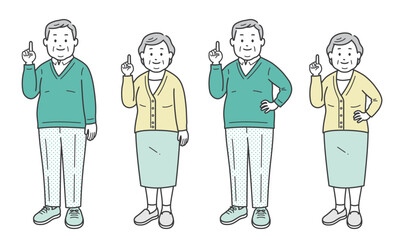 指差しをする高齢者小太り男女 斜め