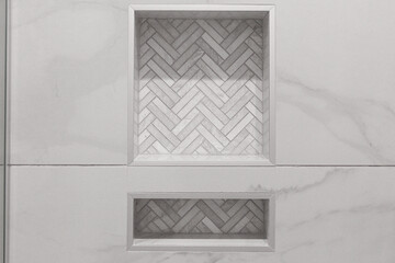Modern Luxury Marble Bathroom Tile Backsplash Shower Interior with Grey Design and Built In Shelf