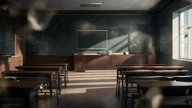 Empty school or university classroom with neat desks and chairs, Cartoon or anime watercolor painting illustration style, Seamless looping 4K virtual video animation background. Generative AI