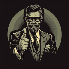 A man wearing glasses and a suit is giving a thumbs up