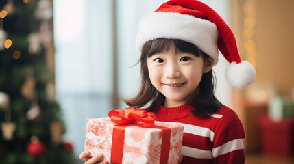 サンタクロースの帽子をかぶって笑う日本人の女の子 - obrazy, fototapety, plakaty