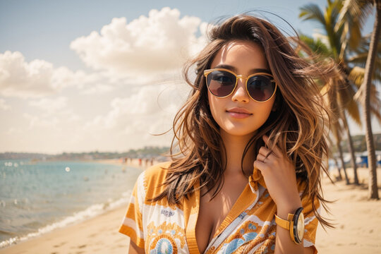 Portrait of a beautiful girl model wearing glasses on holiday at the beach.