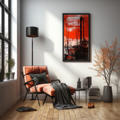 A living room with a Halloween painting on the wall

