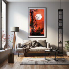 A living room with a Halloween painting on the wall

