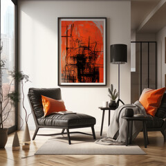 A living room with a Halloween painting on the wall


