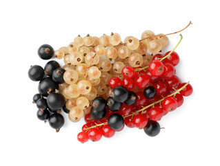 Fresh red, white and black currants isolated on white, top view