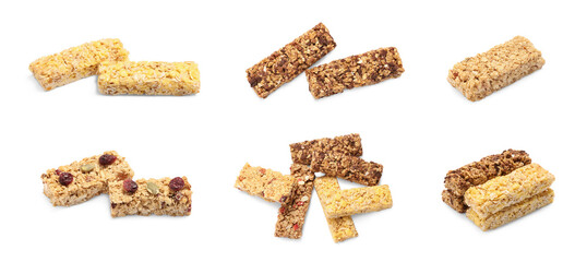 Collage with tasty granola bars on white background