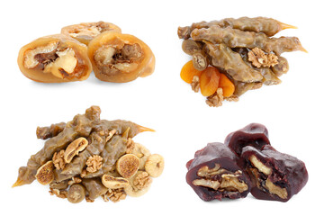 Collage with tasty churchkhelas with nuts and dried fruits on white background