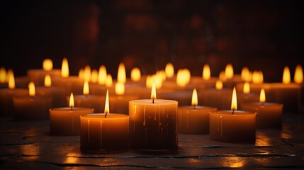 A group of lit candles burning on a dark background. Generative AI.  - Powered by Adobe