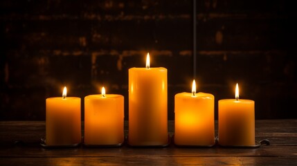 A group of lit candles burning on a dark background. Generative AI. 