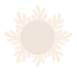 Round frame with foliage, sun with rays in the form of leaves, light beige color vector illustration