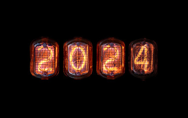 Nixie tubes displaying red digits 2024 on black background - New Year symbol