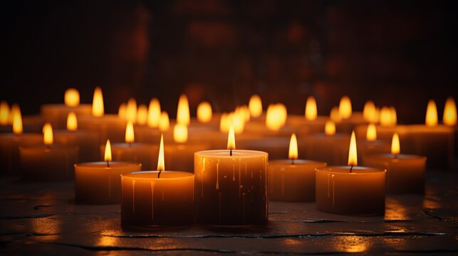 A group of lit candles burning on a dark background. Generative AI. 