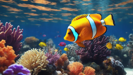 Naklejka na ściany i meble A Beautiful Picture of a Fish Surrounded by Corals and Other Sea Creatures