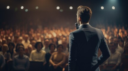 Man standing in front of a large audience during a public speaking performance. generative AI - obrazy, fototapety, plakaty