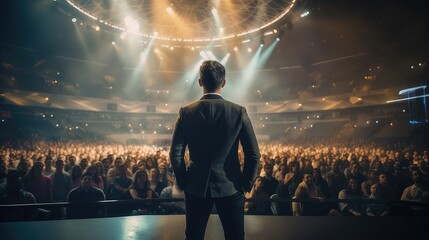 Man standing in front of a large audience during a public speaking performance. generative AI