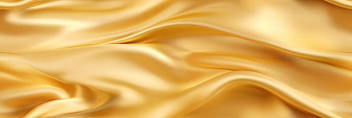 Gold silk satin. Soft folds. Fabric. Gold luxury background. Space for design.Wavy lines.Banner. Wide.Long. Flat lay, top view table. Beautiful. Elegant