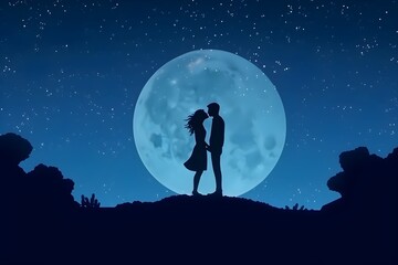 月をバックにキスをするカップルのシルエット - obrazy, fototapety, plakaty