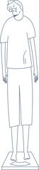 An elderly man who is worried about losing weight. He is on the scale.