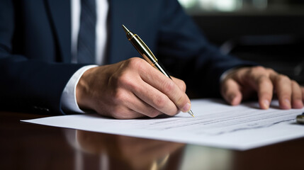 書類にサインをするスーツ男性の手