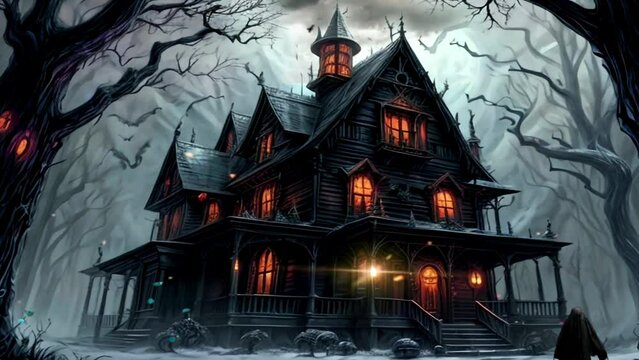 Halloween Night Scene with a haunted house in the forest. Halloween celebration animated virtual video background.