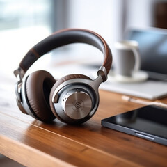 A pair of high-end headphones on a wooden desk
