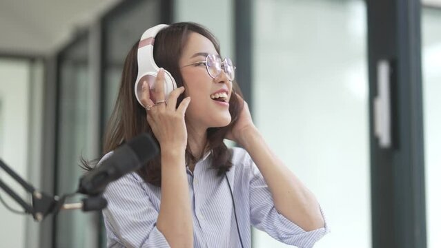 Podcast radio host recoding live broadcasting stream entertainment..