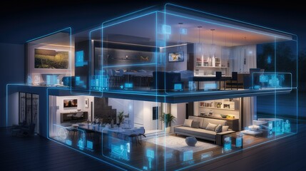 Smart home technology. Home showing smart connected appliances and visualization of technology in the home. generative AI