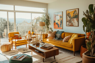 Step into a warm and inviting mid-century boho living room retreat, adorned with vibrant colors, retro vibes, cozy corners, wooden accents, and an eclectic mix of furniture and decor