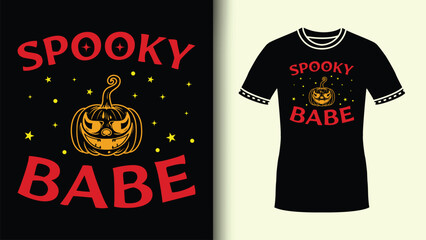 Red Typography with Orange Pumpkin vector Spooky Babe Slogan TShirt design for Gift halloween party poster