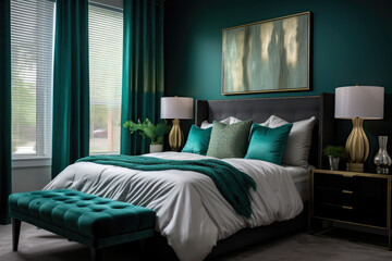 Immerse in the Alluring Tranquility: A Stylish, Nature-Inspired Emerald Green Bedroom Interior, Offering a Captivating, Opulent and Serene Oasis for Rejuvenation and Comfort.