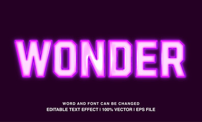 Wonder editable text effect template, 3d neon light purple glossy style typeface, premium vector 