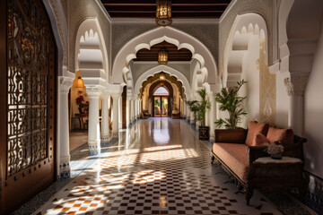 Step into an elegant Moroccan-inspired hallway interior adorned with intricate tilework, ornate lanterns, and vibrant textiles, exuding an authentic ambiance that showcases the rich heritage