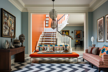 A Welcoming and Dynamic Fusion of Vibrant Styles, Colors, and Patterns Creates an Eclectic Hallway Interior with Artistic Character and Unique Personality.