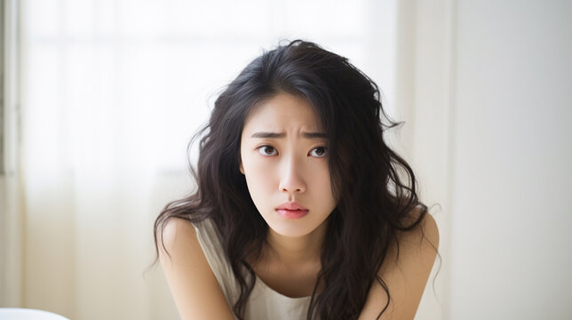 困った表情の日本人女性の写真